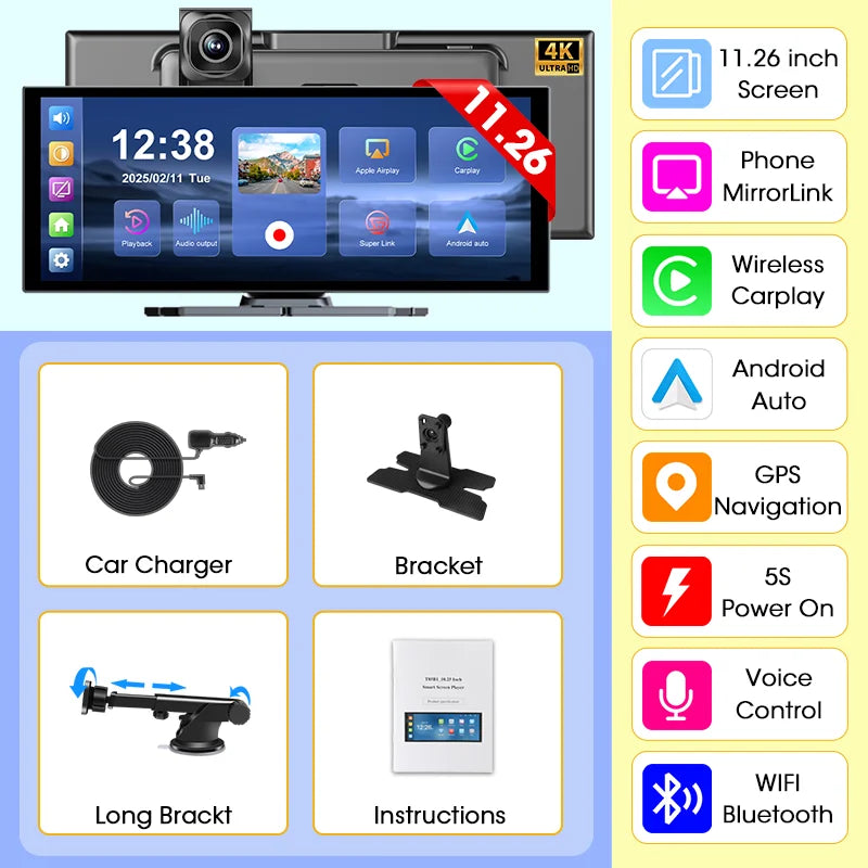 11.26 Zoll 4K DVR Kabellos CarPlay Kamera