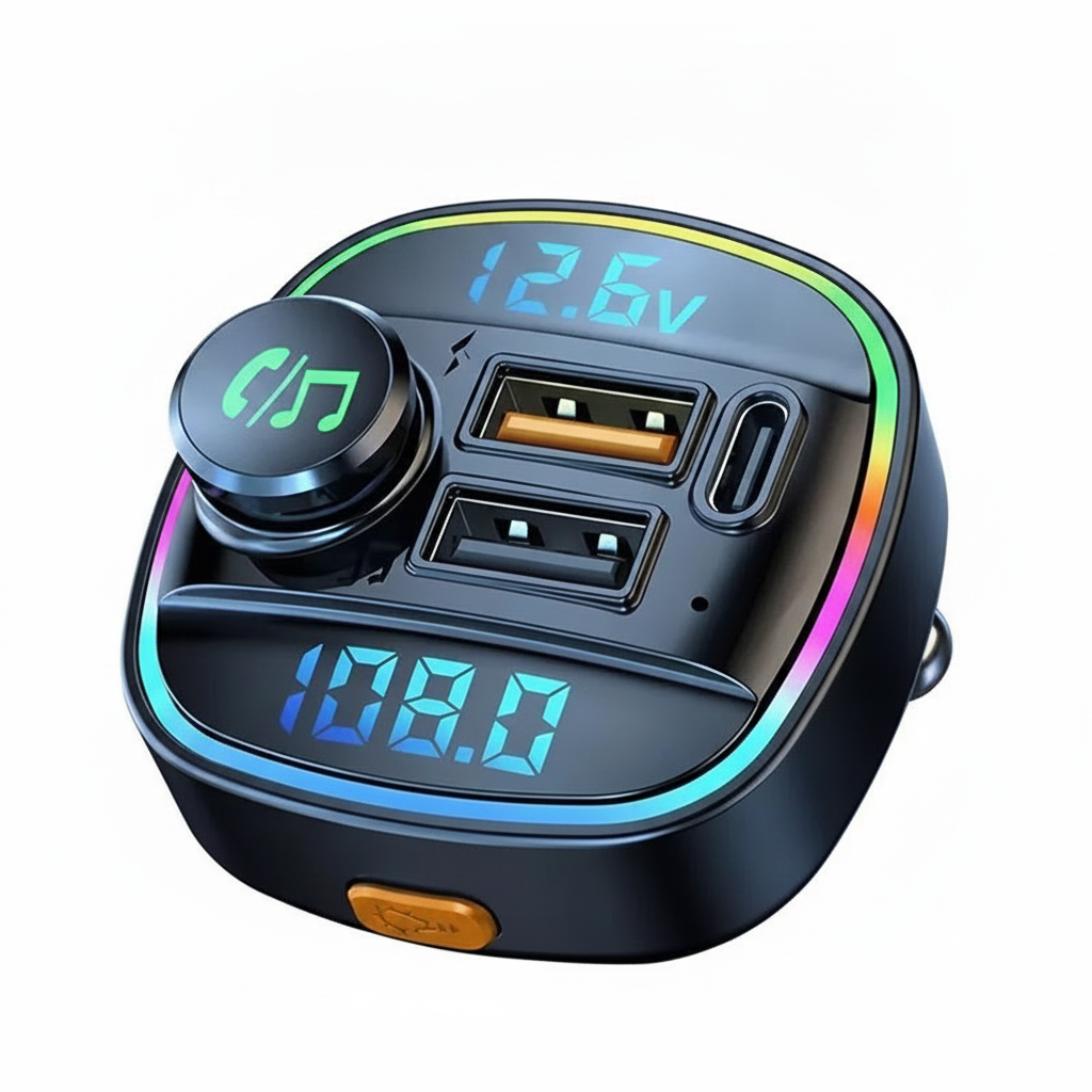 Bluetooth FM Transmitter Auto Ladegerät USB-C Voltmeter RGB